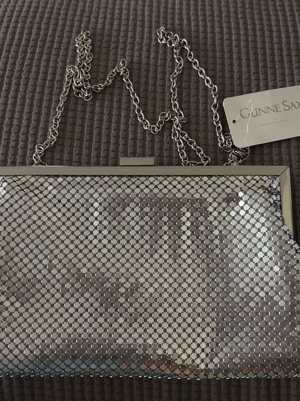 Gunne Sax Silver Metallic Mesh Frame Clutch with Chain